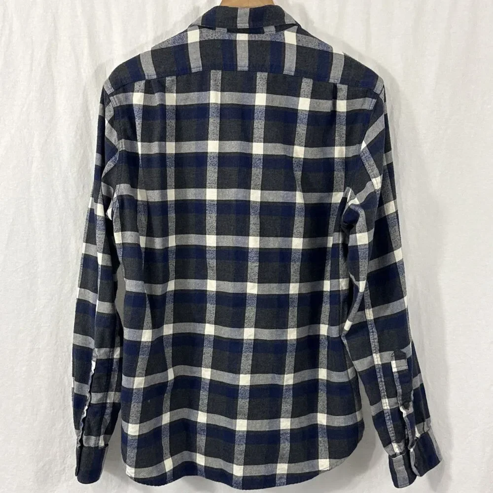 J Crew Slim Fit Flannel Gray Blue Plaid Button Up Shirt Mens L Outdoor Camping